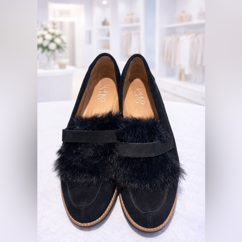 Franco Sarto Black Suede Faux Fur Loafers Slip on Flats-NWOT - Picture 1 of 5